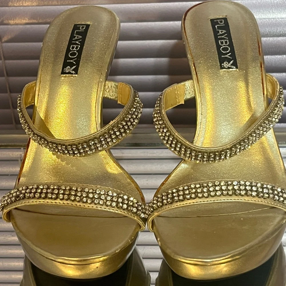 PLAYBOY Gold Rhinestone stiletto high heel sandal shoes vintage sparkly platform - Picture 6 of 7